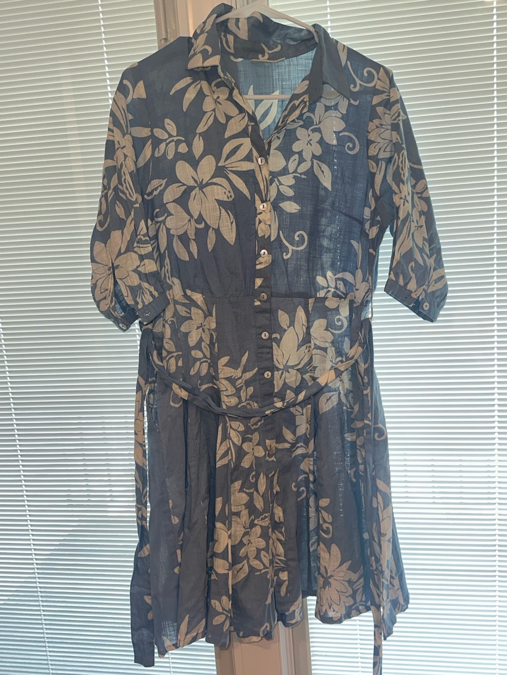 Blue Floral Midi Shirt Dress with Tie Waist